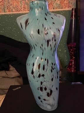 Blown glass blue black Speckled women’s silhouette Glass Vase